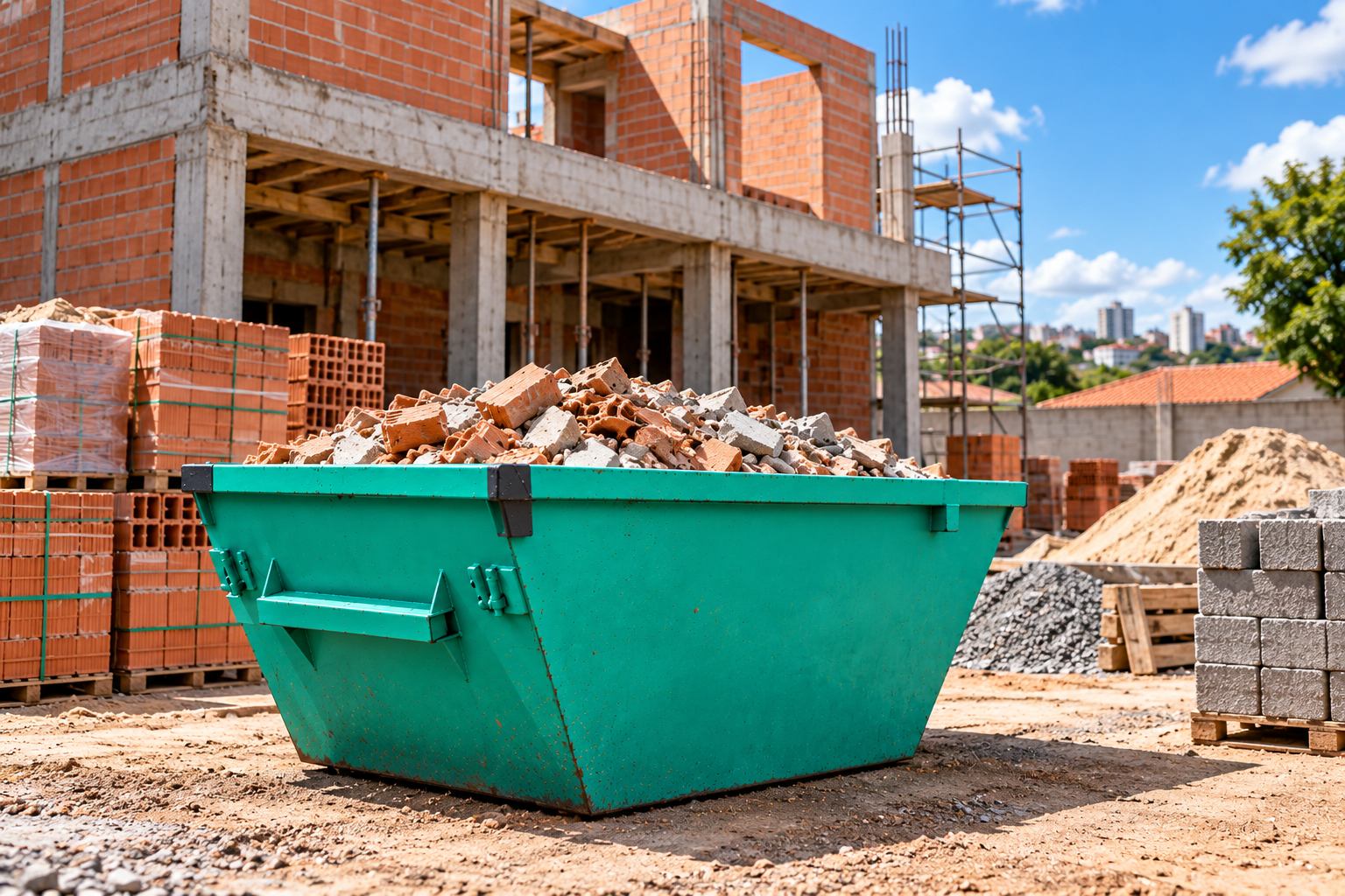 Caçamba verde em uma obra de construção